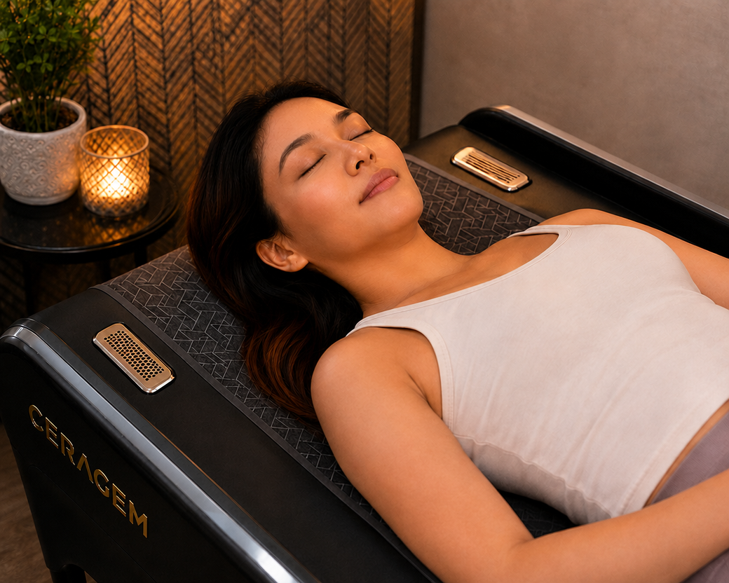 Senior person relaxing on CERAGEM Master V4 wellness bed in a serene lounge, eyes closed, peaceful expression, warm lighting